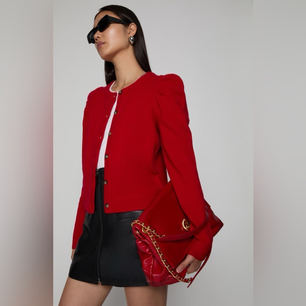 Rebecca Minkoff 100% Wool Red Puff Sleeve Red Button-Front cardigan XL quiet lux